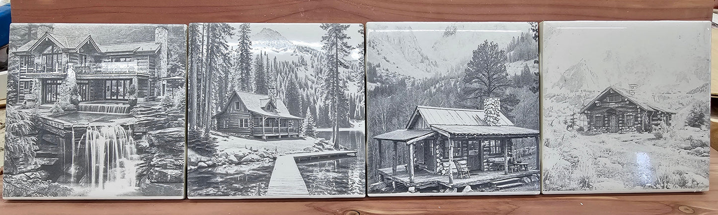 Ceramic Tile Coasters Engraved with Rustic Cabin Scenes